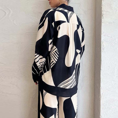 Women’s Matching Set – Long Sleeve Button-Up Top – Wide-Leg High-Waist Trousers