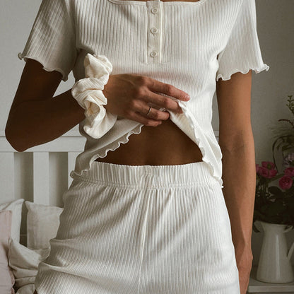 Women’s Lounge Set – Ribbed Knit – Relaxed Fit – Button Front – Lettuce Hem Trim