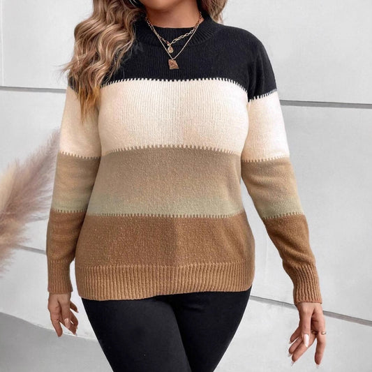 Women’s Crewneck Sweater – Knitted – Relaxed Fit – Long Sleeve – Color Block Design
