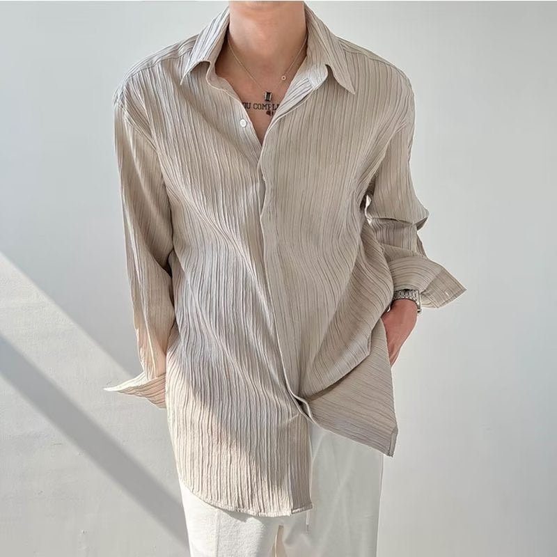 Unisex Long Sleeve Shirt – Crinkle Textured Fabric – Oversized Fit – Button Down Casual