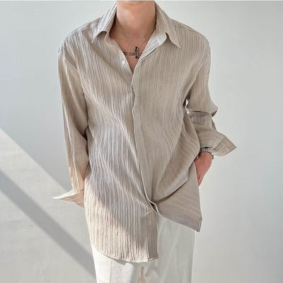 Unisex Long Sleeve Shirt – Crinkle Textured Fabric – Oversized Fit – Button Down Casual
