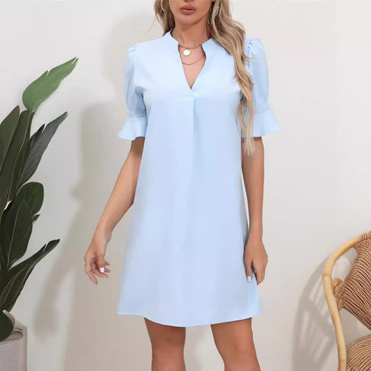 Women’s Short Sleeve Dress – V-Neck – Ruffle Sleeves – Relaxed Fit – Breathable Blend