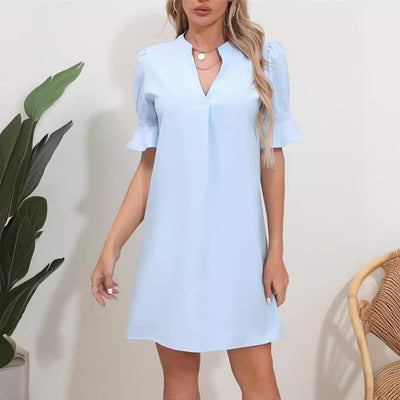 Women’s Short Sleeve Dress – V-Neck – Ruffle Sleeves – Relaxed Fit – Breathable Blend