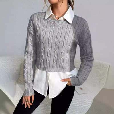Women’s Pullover Sweater – Cable Knit Wool Blend – Cropped Slim Fit – Long Sleeve Casual