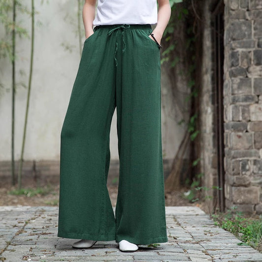 Women’s Wide-Leg Trousers – Cotton Linen Blend – Relaxed Fit – Drawstring Waist – Full Length