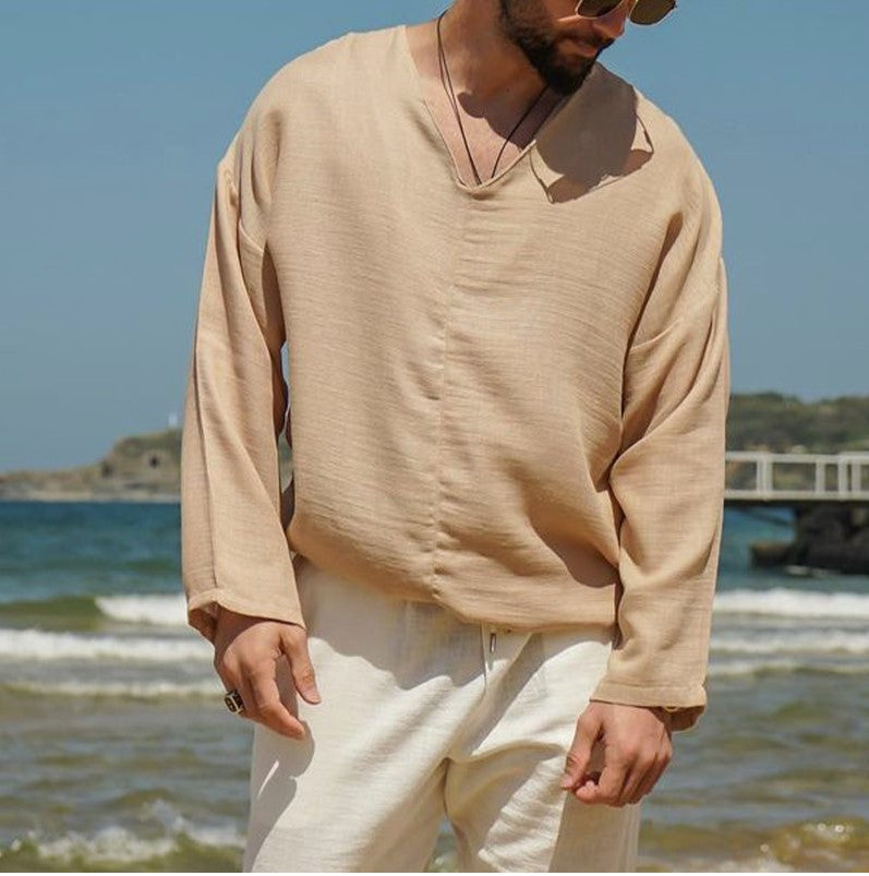Men’s Linen Shirt – Relaxed Fit – V-Neck – Long Sleeve – Breathable Casual Wear