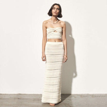 Women’s Two-Piece Set – Crochet Slim Fit Bandeau Top and High-Waisted Midi Skirt