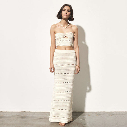 Women’s Two-Piece Set – Crochet Slim Fit Bandeau Top and High-Waisted Midi Skirt