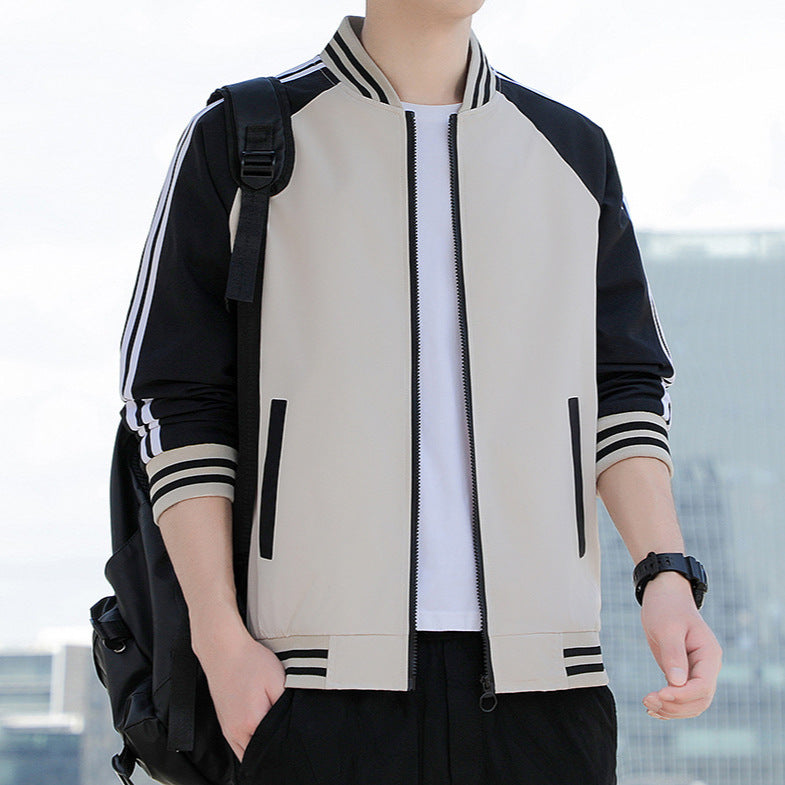 Men’s Bomber Jacket – Relaxed Fit – Zip Front – Ribbed Trim – Striped Sleeve Casual