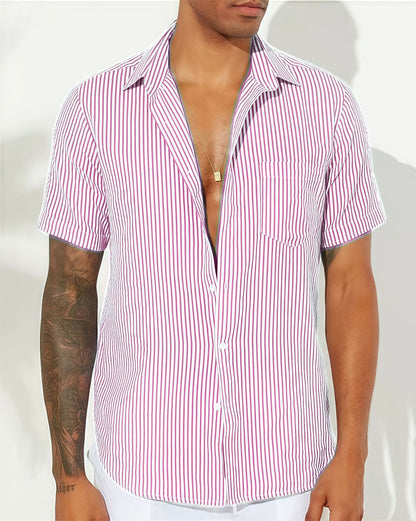 Men’s Casual Shirt – Relaxed Fit – Short Sleeve – Vertical Stripes