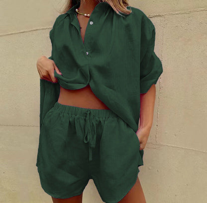 Women’s Two-Piece Set – Lightweight Linen Blend – Relaxed Fit Shirt and Drawstring Shorts