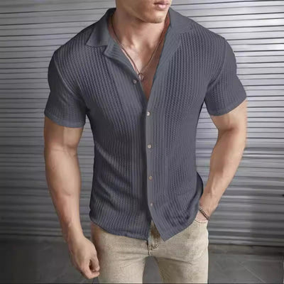 Men’s T-Shirt – Slim Fit – Waffle Knit – Button Front – Classic Collar – Short Sleeve