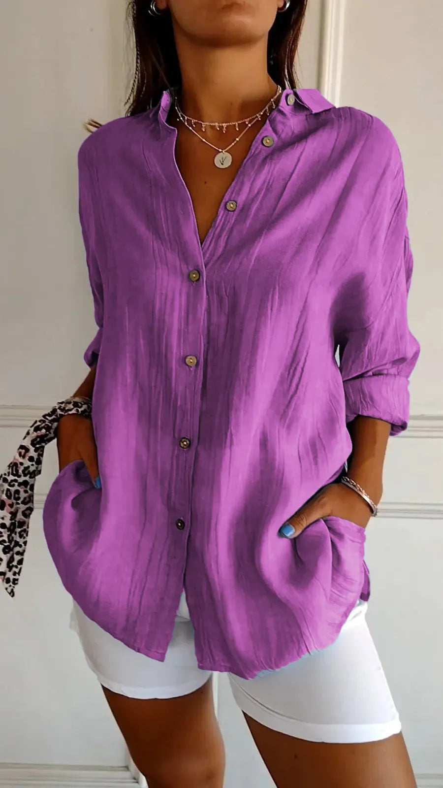 Women's Button-Down Long Sleeve Shirt – Relaxed Fit with Lapel Collar