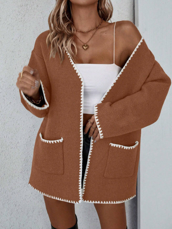Women’s Knitted Cardigan – Oversized Fit – Open Front – Ribbed Trim – Patch Pockets