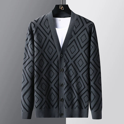 Men’s Cardigan Sweater – Slim Fit – Knitted Wool Blend – Jacquard – Button Front Layer