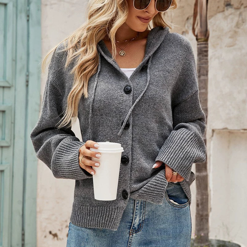 Women’s Hooded Cardigan – Wool Knit – Relaxed Fit – Button Front – Adjustable Hem