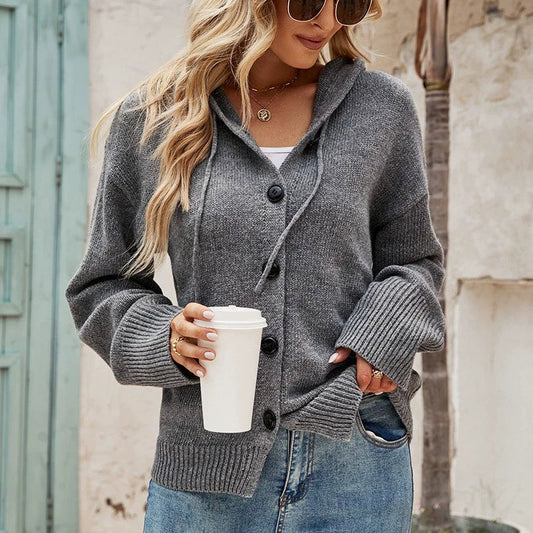 Women’s Hooded Cardigan – Wool Knit – Relaxed Fit – Button Front – Adjustable Hem