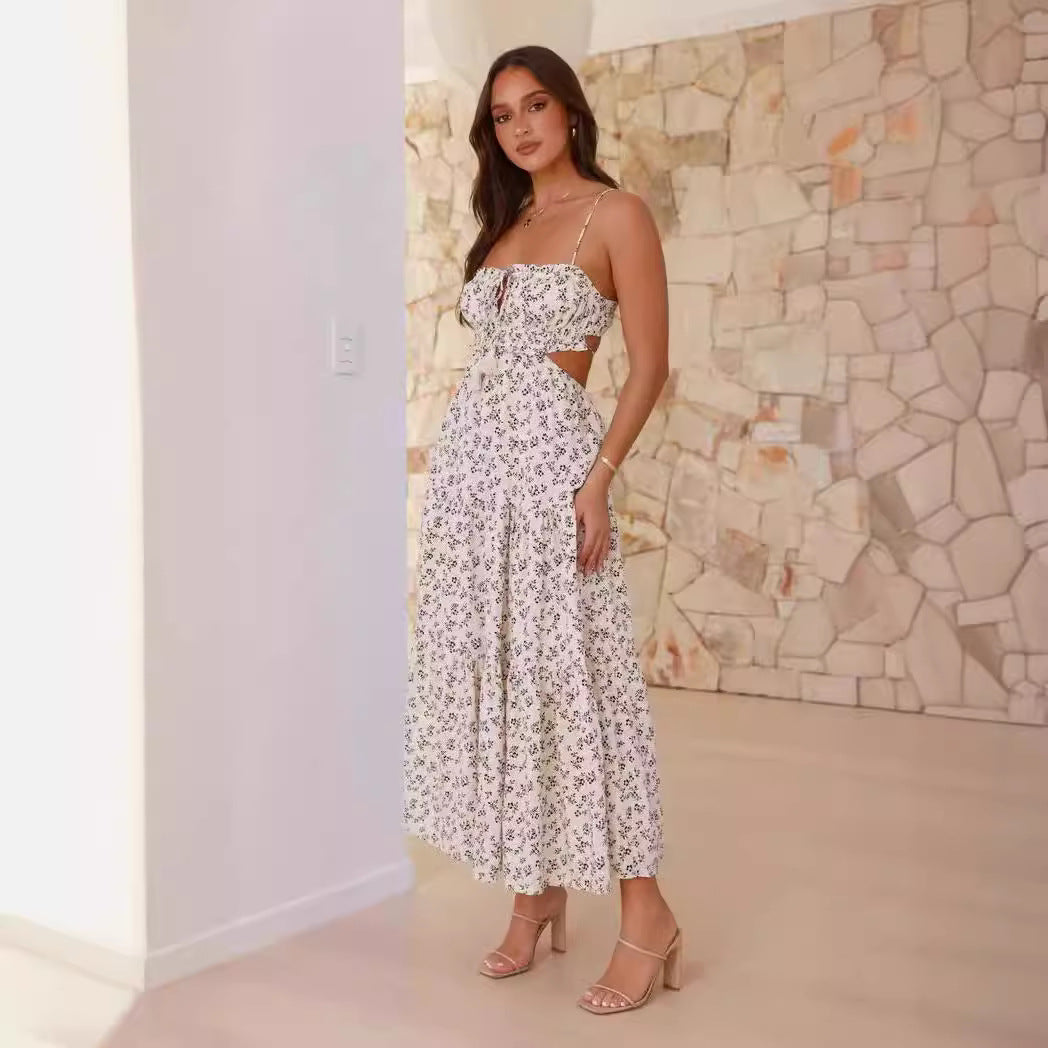 Women’s Maxi Dress – Sleeveless V-Neck – A-Line Fit – Side Cut-Outs – Floral Print