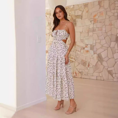 Women’s Maxi Dress – Sleeveless V-Neck – A-Line Fit – Side Cut-Outs – Floral Print