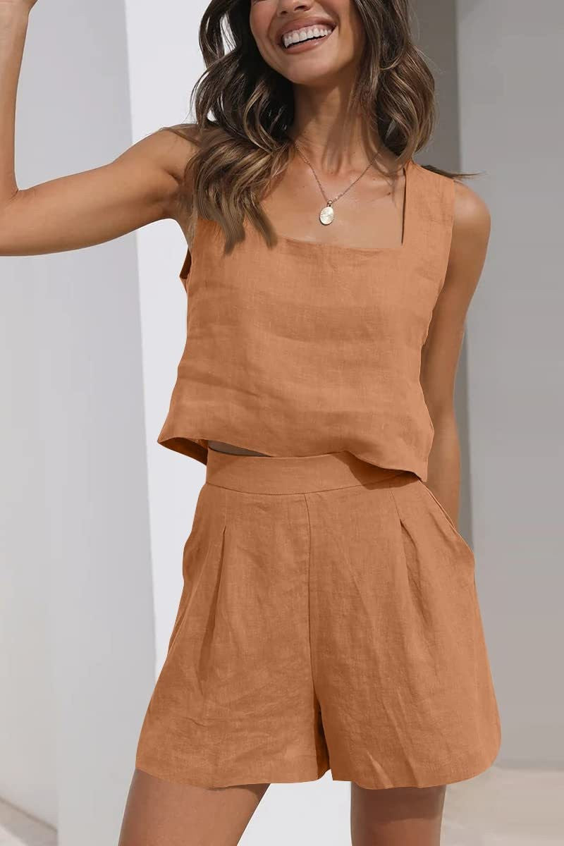 Women’s Two-Piece Set – Linen Blend – Cropped Square Neck Top – Pleated Shorts – Relaxed Fit