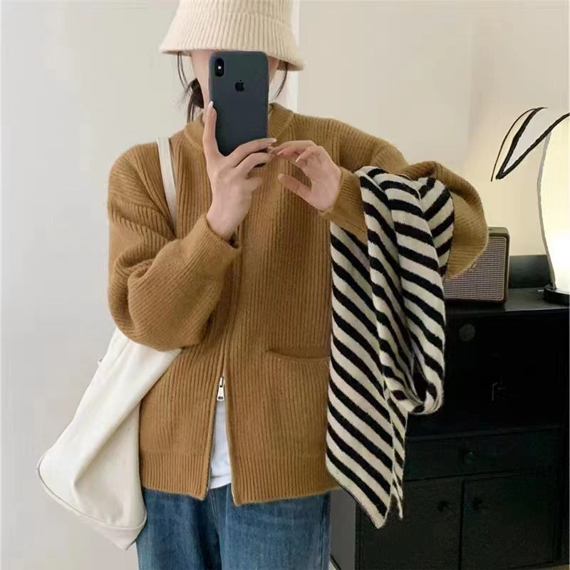 Women’s Knit Cardigan – Oversized Fit – Ribbed Wool Blend – Dual Zipper – Crew Neck