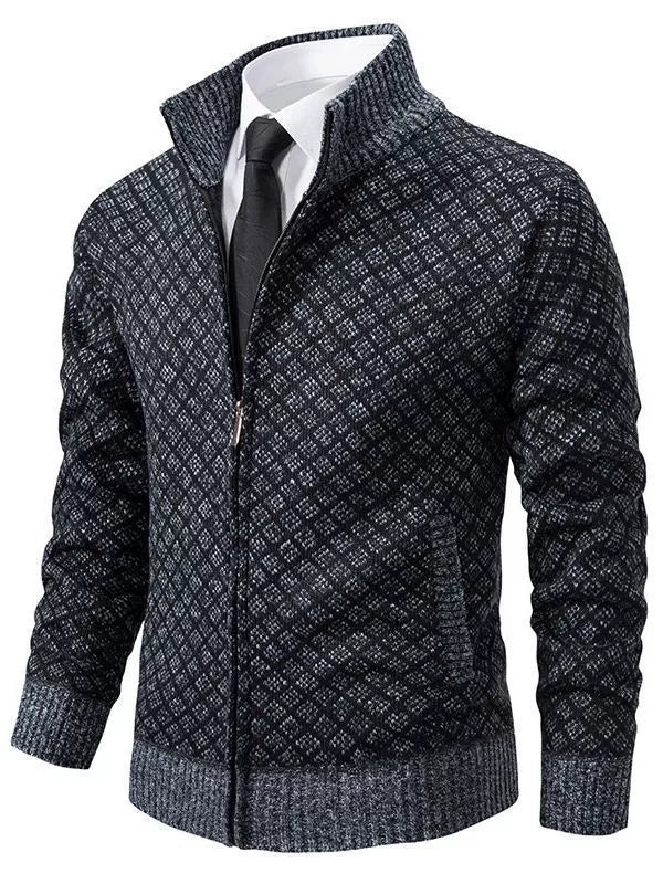 Men’s Cardigan Sweater – Fitted Knit – Zip Front – Stand Collar – Ribbed Trim – Pockets