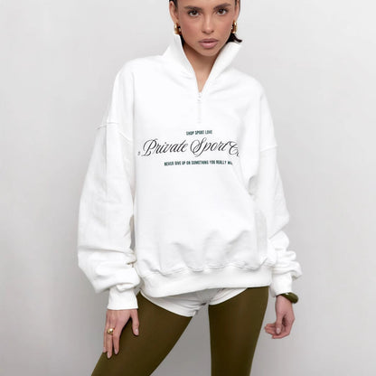 Women’s Sweatshirt – Oversized Fit – Cotton Blend – Half Zip – Letter Print – Long Sleeve