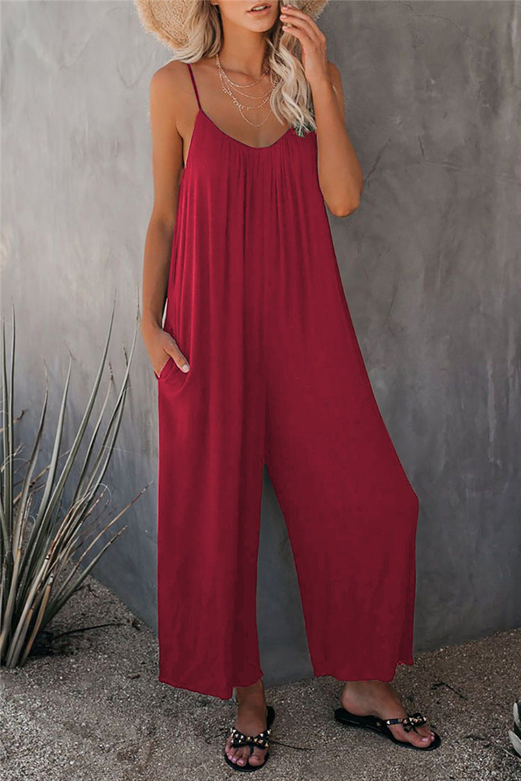 Women’s Jumpsuit – Relaxed Fit – Wide Leg – Spaghetti Straps – Breathable Blend – Pockets