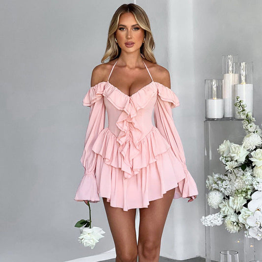Women’s Romper – Halter Neck – Off Shoulder Long Sleeve – Deep V Ruffle Front – Flowy Shorts