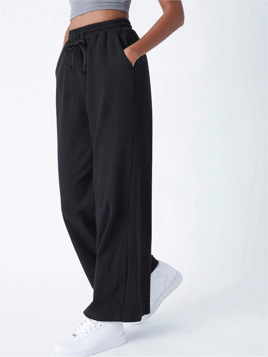 Women’s Wide-Leg Pants – Cotton Knit – Relaxed Fit – Elastic Drawstring Waist – Full Length