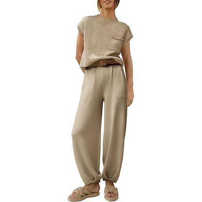 Women’s Knit Sweater Set – Short Sleeve Cropped Top – High Waist Wide Leg Trousers
