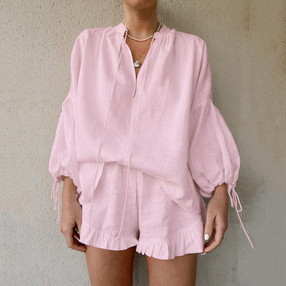 Women's Two-Piece Set - V-Neck Lantern Sleeve - Casual Shorts
