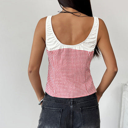 Women’s Tank Top – Cotton Blend – Slim Fit – Scoop Neck – Gingham Pattern – Cropped