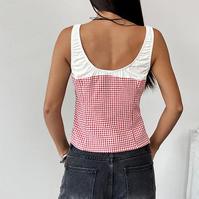 Women’s Tank Top – Cotton Blend – Slim Fit – Scoop Neck – Gingham Pattern – Cropped