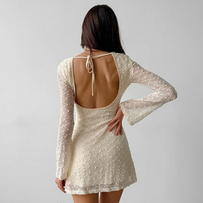 Women’s Mini Dress – Slim Fit – Jacquard Dotted Texture – Round Neck – Long Sleeve