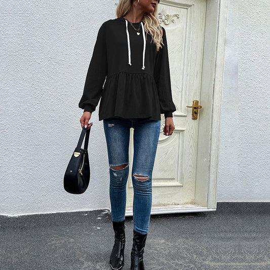 Women’s Hoodie – Relaxed Fit – Soft Knit – Ruffle Detail – Drawstring Neckline