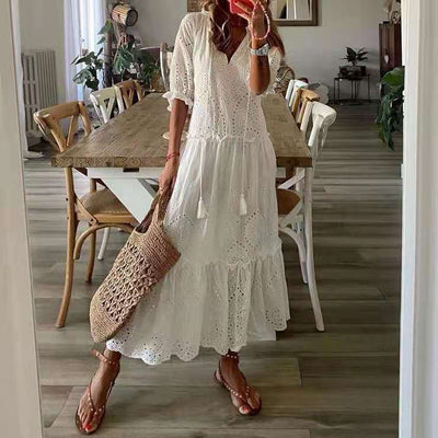 Women’s Midi Dress – Relaxed Fit – V-Neck – Short Sleeve – Eyelet Detail – Tassels