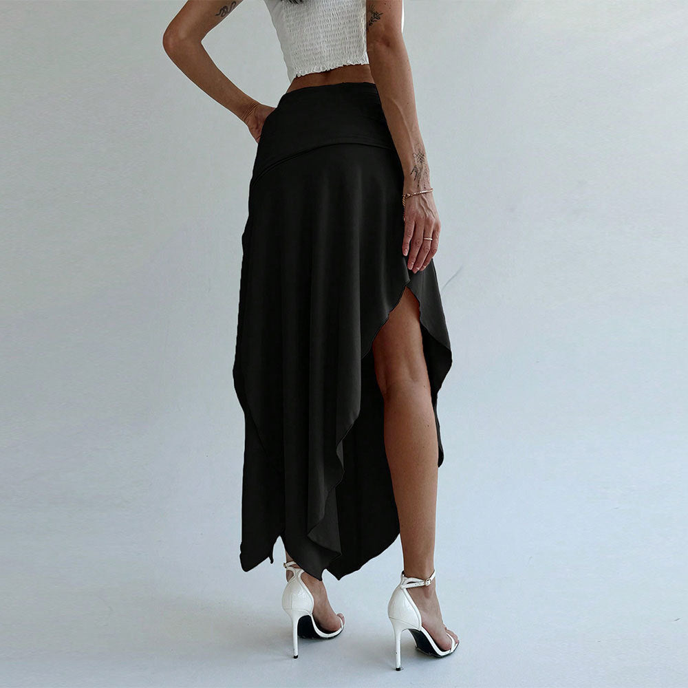 Women’s Midi Skirt – Satin Finish – Ruched Waist – Asymmetrical Hem – Elegant Fit