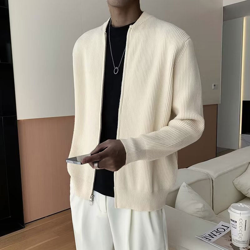 Men’s Cardigan – Ribbed Knit – Double Zipper – Relaxed Fit – Long Sleeve Layer