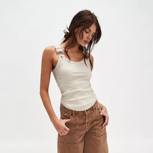 Women’s Tank Top – Slim Fit Ribbed Knit – Detachable Straps – Round Neck Casual Wear