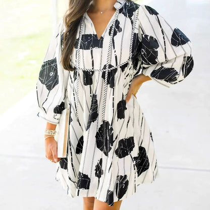 Women’s Short Dress – Cotton Blend – Puff Sleeve – V-Neck – Floral Print – Cinched Waist