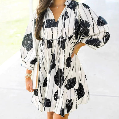 Women’s Short Dress – Cotton Blend – Puff Sleeve – V-Neck – Floral Print – Cinched Waist