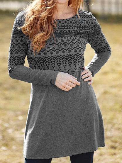 Women’s Long Sleeve Dress – Relaxed Fit – Brushed Fabric – Ethnic Print – Round Neck