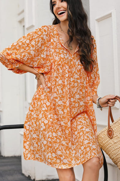 Women’s Midi Dress – V-Neck – Lantern Sleeve – Relaxed Fit – Bohemian Floral Print