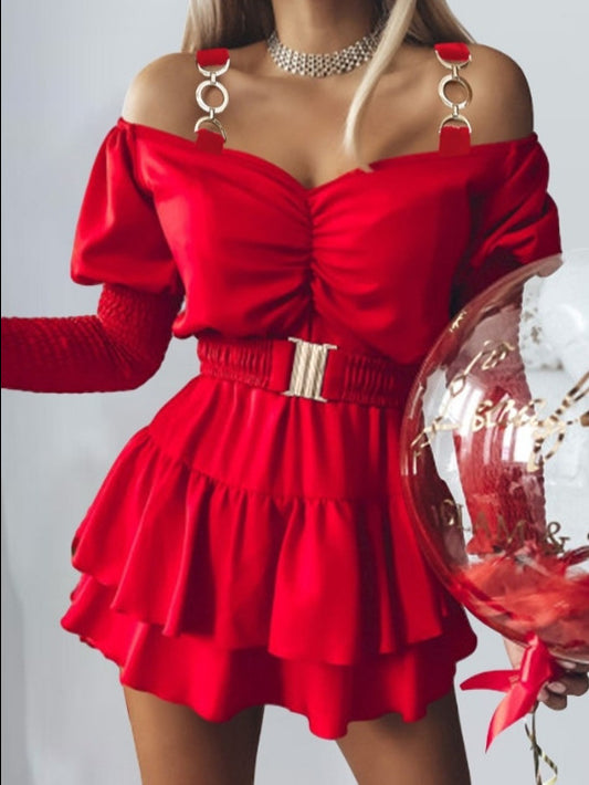 Women's Off-the-Shoulder Mini Dress – Ruched Bodice – Puff Sleeves – Layered Ruffle Skirt