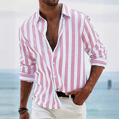Men’s Long Sleeve Shirt – Cotton Linen Blend – Relaxed Fit – Button-Up Striped Casual