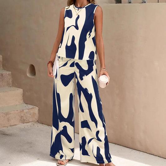 Women’s 2-Piece Set – Sleeveless Top & Wide-Leg Trousers – Relaxed Fit – Breathable Blend