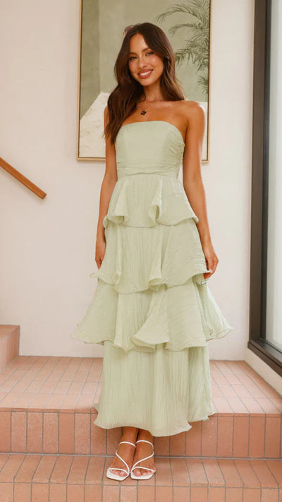 Women’s Strapless Midi Dress – Fitted Bodice – Tiered Ruffle Skirt – Lightweight Fabric