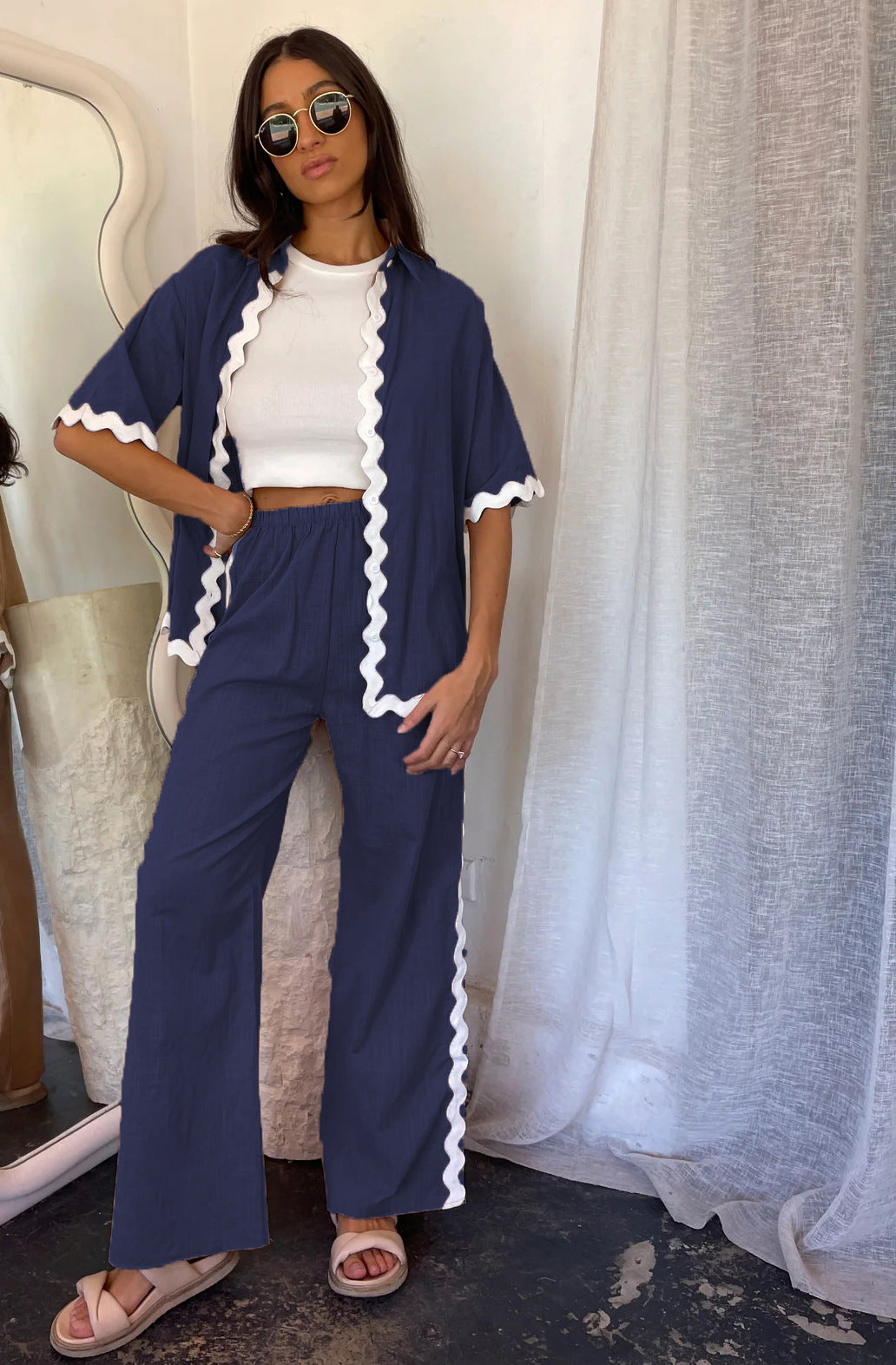 Women’s Two-Piece Set – Lightweight Cotton – Loose Fit – Scalloped Hem – Open Front