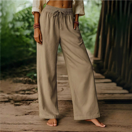Women’s Wide Leg Trousers – Cotton Linen – Elastic Drawstring Waist – Relaxed Fit